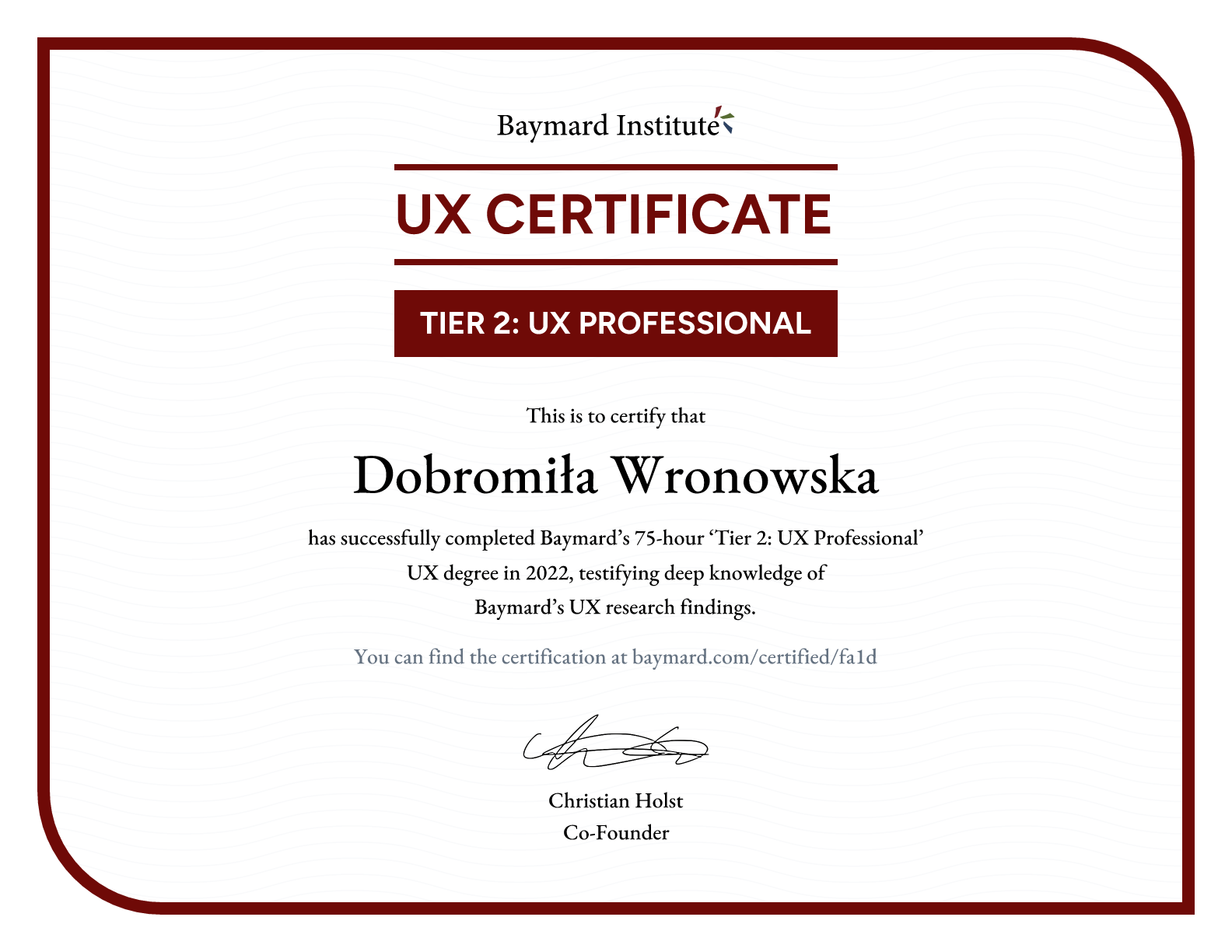 Dobromiła Wronowska’s certificate