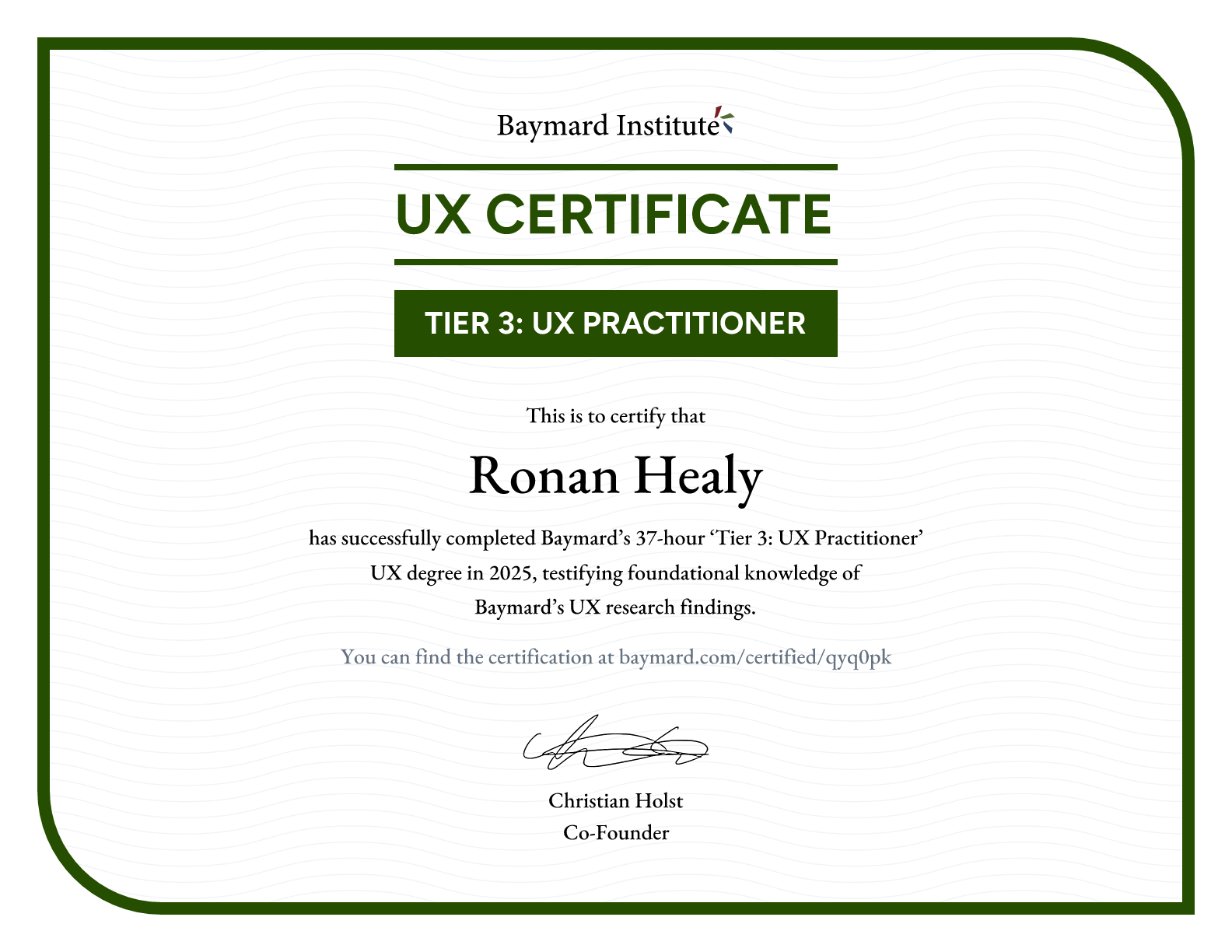 Ronan Healy’s certificate
